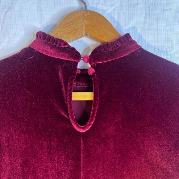 Ophelia Roe Red Velvet Velour Long Sleeve Aline Tiered Ruffle Dress Size Small - Picture 12 of 13